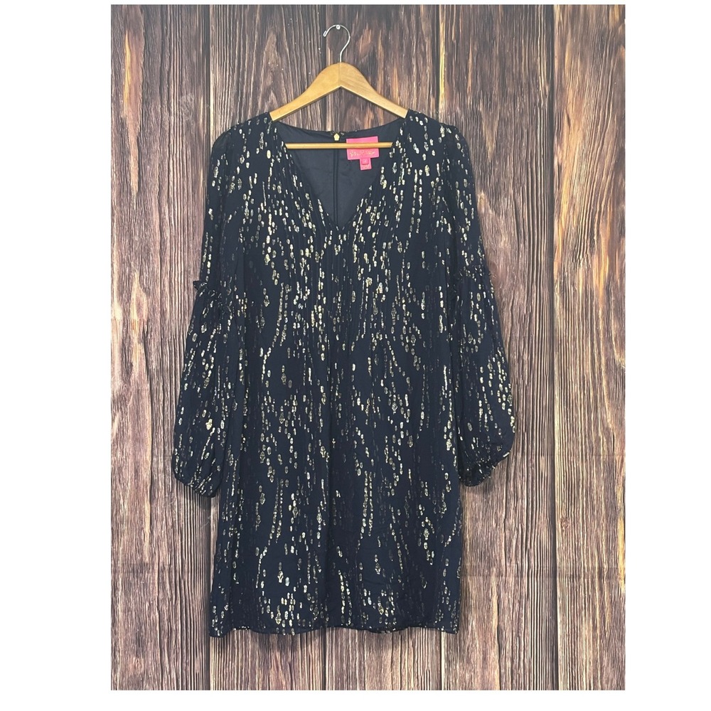 Lilly Pulitzer Cleme Dress Womens 8 Navy Silk Gold Metallic Foil Balloon Sleeve - Picture 2 of 15